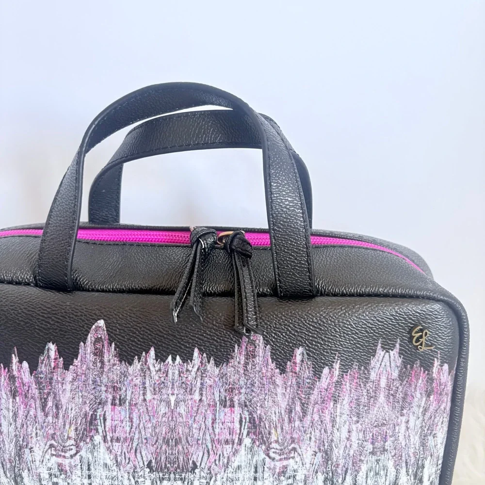 Elliott Lucca Black Pink Abstract Print Cosmetic Case Bag Double Handle Zip